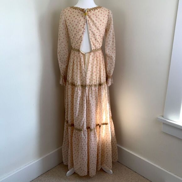 Vtg Floral Maxi Dress Ivory XS Long Sleeve Tiered Prairie Peasant Cottage 70s - Picture 5 of 16